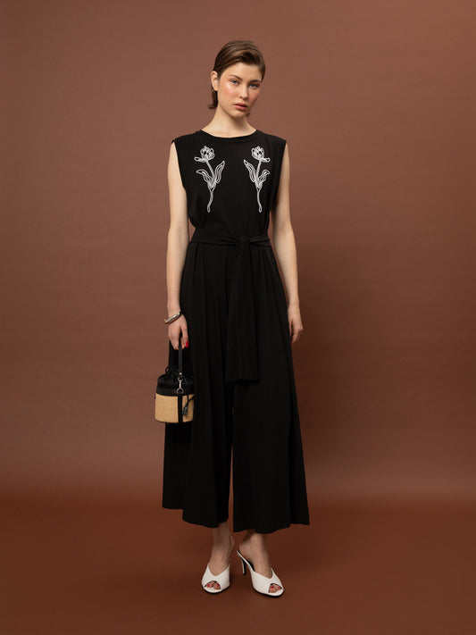 SLEEVELES COTTON JUMPSUIT - BLACK