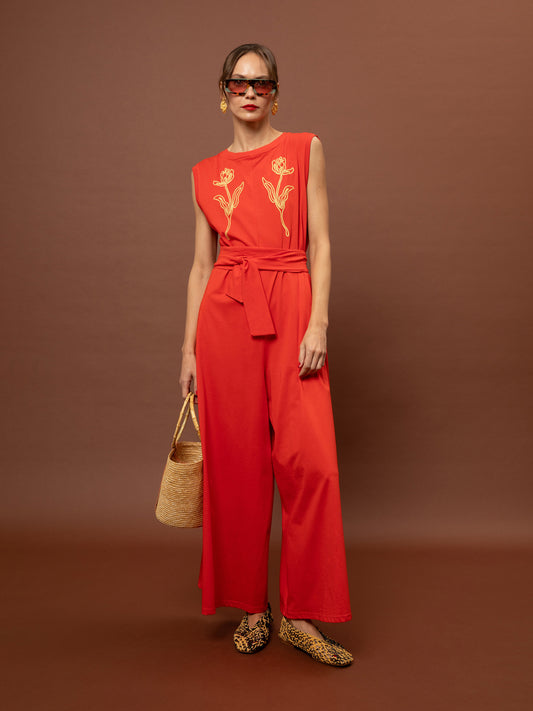SLEEVELES COTTON JUMPSUIT - RED