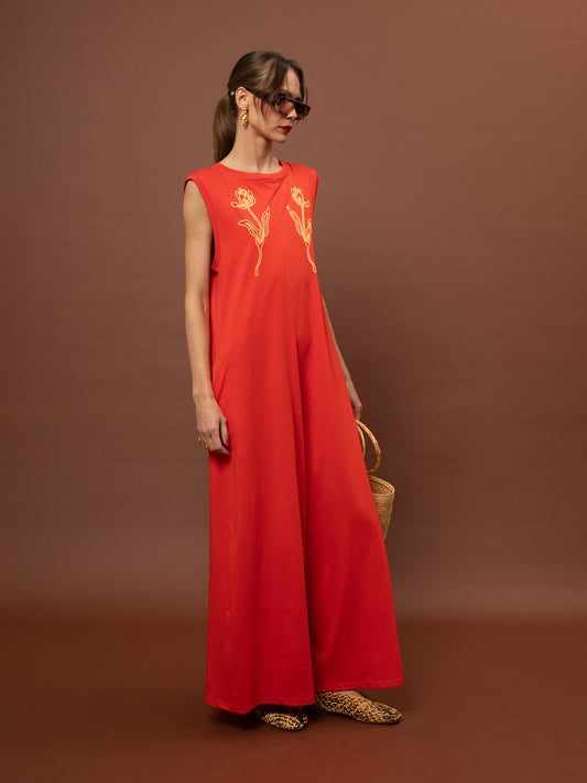 SLEEVELES COTTON JUMPSUIT - RED