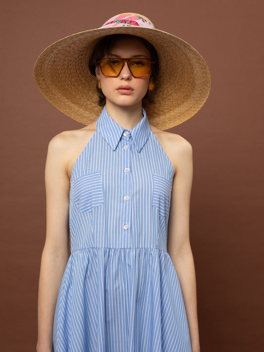 SLEEVELESS SHIRT COLLAR COTTON DRESS - STRIPES LIGHT BLUE