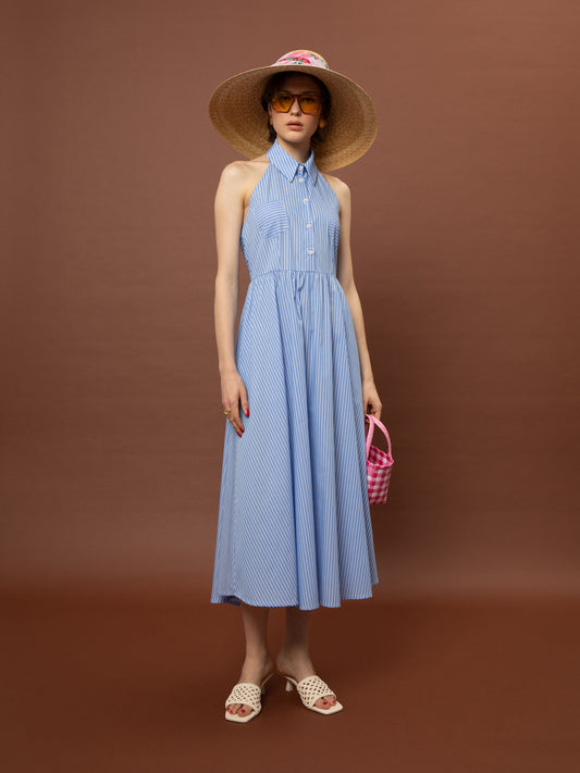 SLEEVELESS SHIRT COLLAR COTTON DRESS - STRIPES LIGHT BLUE