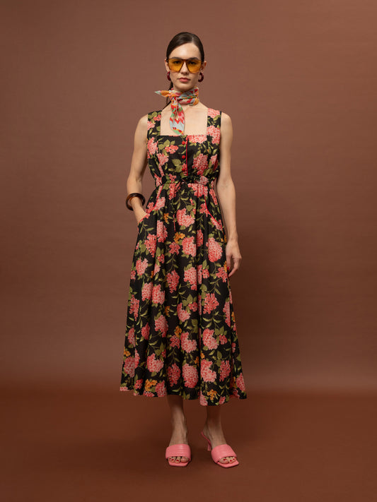 SQUARE NECK COTTON DRESS - ORTANSIES BLACK