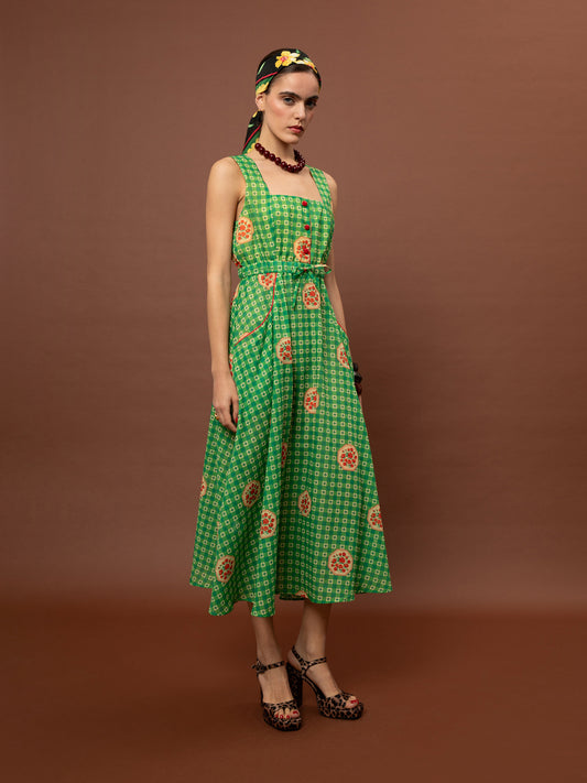 SQUARE NECK COTTON DRESS - PICNIC GREEN