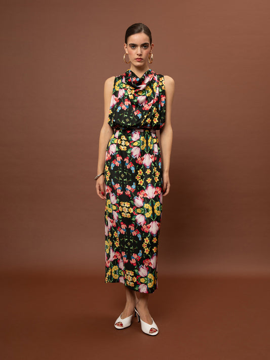 DRAPED SATIN MAXI DRESS - BLOSSOMS BLACK