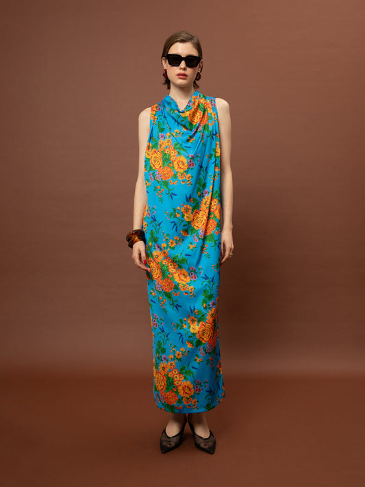 DRAPED SATIN MAXI DRESS - TAPETSARIA AQUA