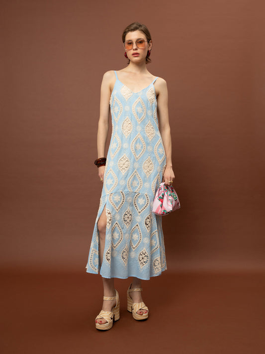 TIERED BRODERIE DRESS - LIGHT BLUE
