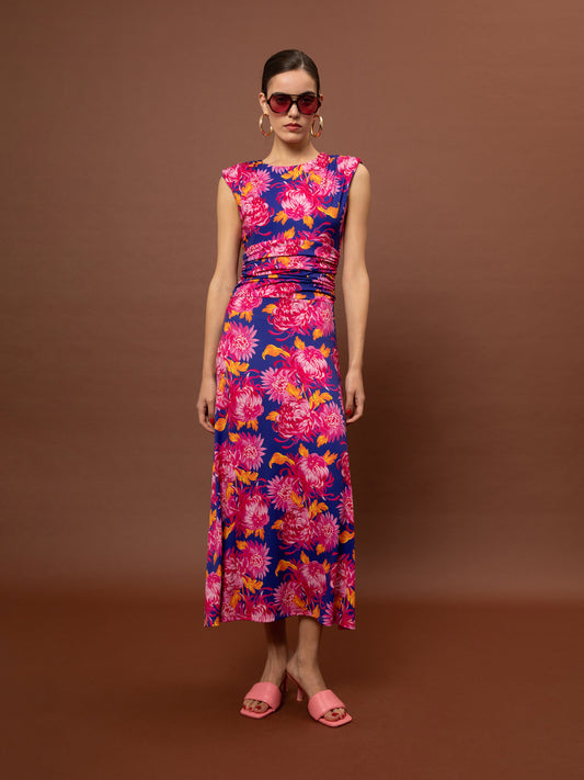 RUCHED JERSEY MAXI DRESS - CHRYSANTHEMA BLUE