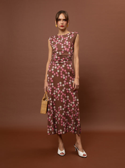 RUCHED JERSEY MAXI DRESS - DAISIES CHOCO