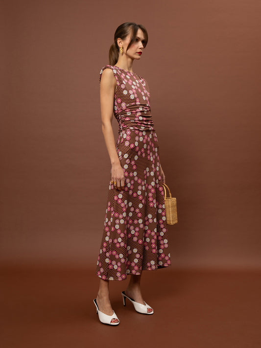 RUCHED JERSEY MAXI DRESS - DAISIES CHOCO