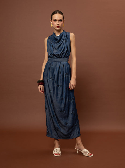 DRAPED MAXI DRESS - DENIM LOOK