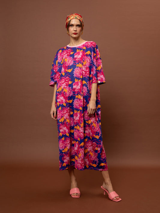 OVERSIZED MAXI T-SHIRT-DRESS - CHRYSANTHEMA BLUE