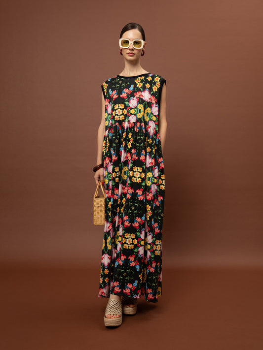 SLEEVELESS COTTON DRESS - BLOSSOMS BLACK