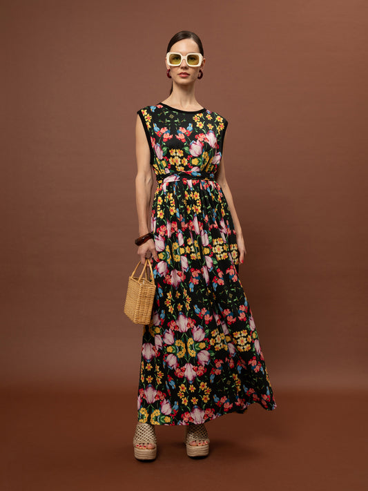 SLEEVELESS COTTON DRESS - BLOSSOMS BLACK