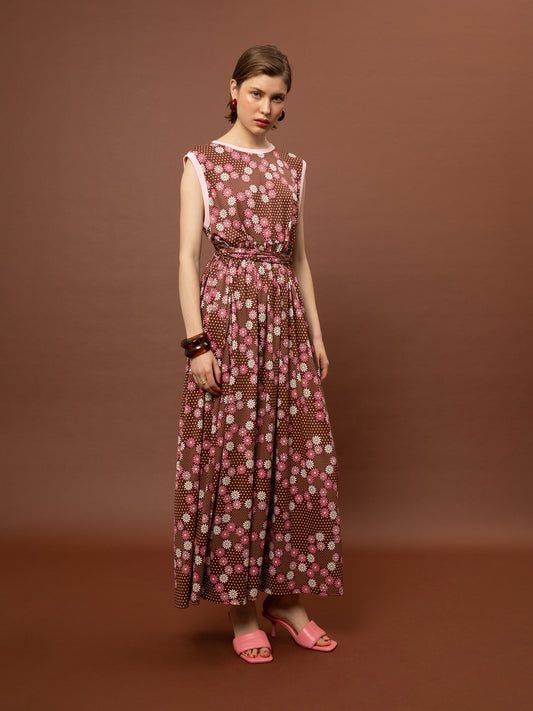 SLEEVELESS COTTON DRESS - DAISIES CHOCO