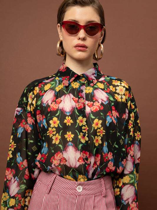 OVERSIZED CHIFFON SHIRT - BLOSSOMS BLACK