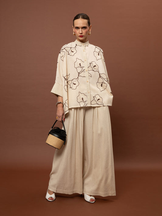 MAO-COLLAR LOOSE SHIRT - BEIGE FLORAL