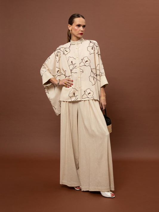 MAO-COLLAR LOOSE SHIRT - BEIGE FLORAL