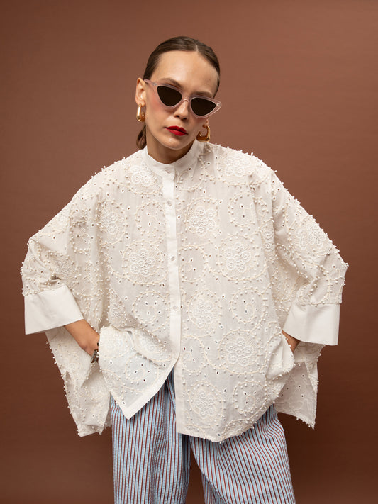 MAO-COLLAR LOOSE SHIRT - WHITE