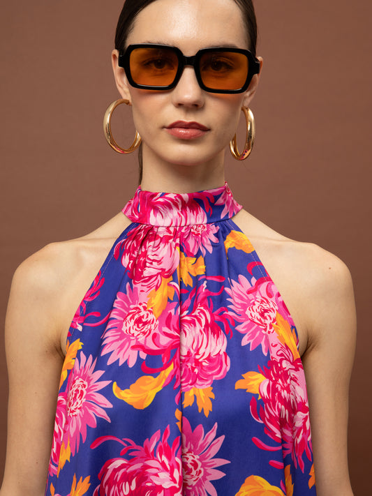 HALTER-NECK SATIN TOP - CHRYSANTHEMA BLUE