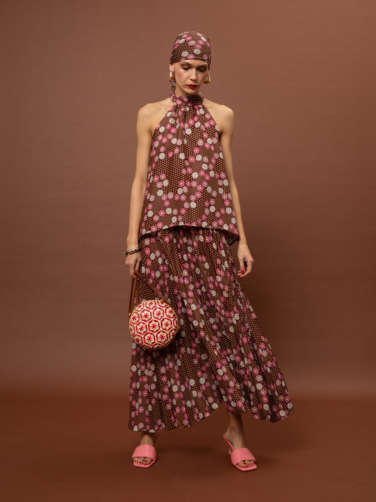 HALTER-NECK SATIN TOP - DAISIES CHOCO
