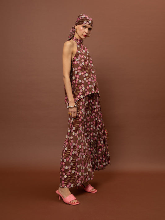 HALTER-NECK SATIN TOP - DAISIES CHOCO
