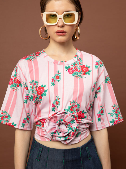 ROSE CROPPED T-SHIRT - STRIPES ROSES