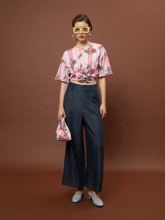 ROSE CROPPED T-SHIRT - STRIPES ROSES