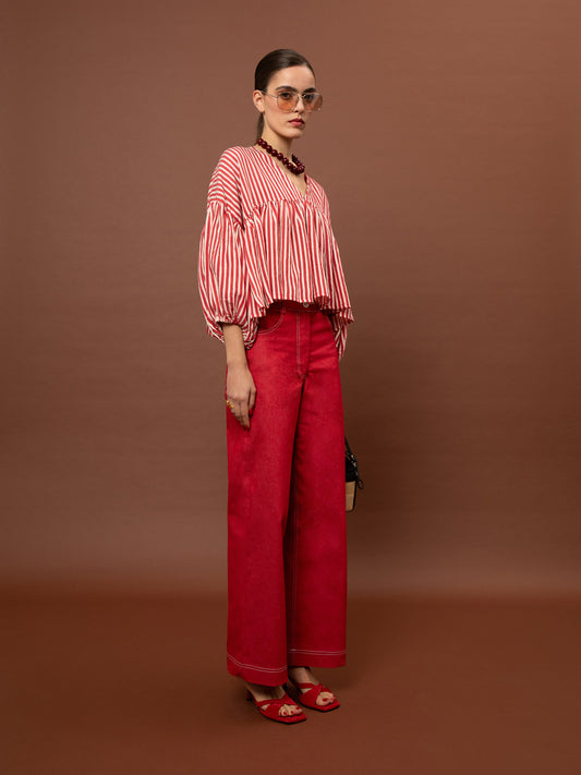 RUFFLED STRIPED BLOUSE - RED