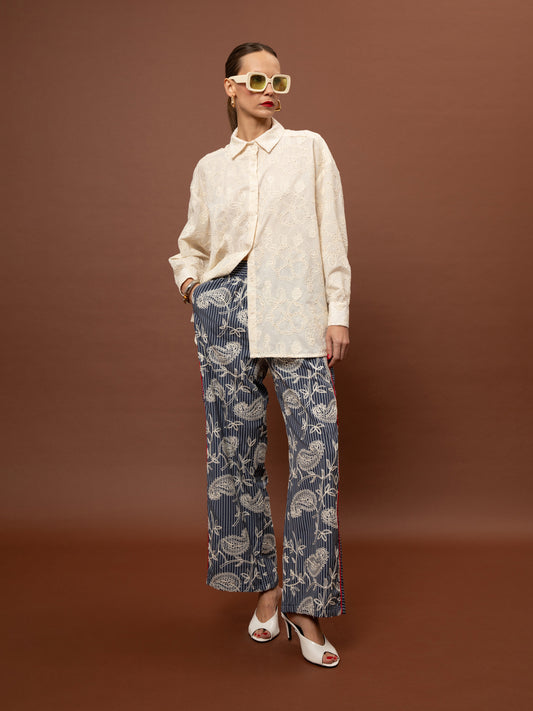 PAJAMA BRODERIE POPLIN PANTS - STRIPES BLUE