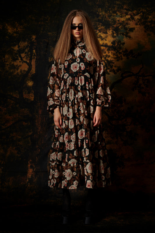 TIERED CHIFFON MAXI DRESS PEONY BLACK