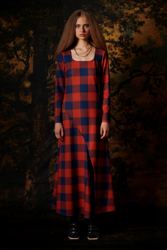 SQUARE NECK MAXI DRESS GINGHAM