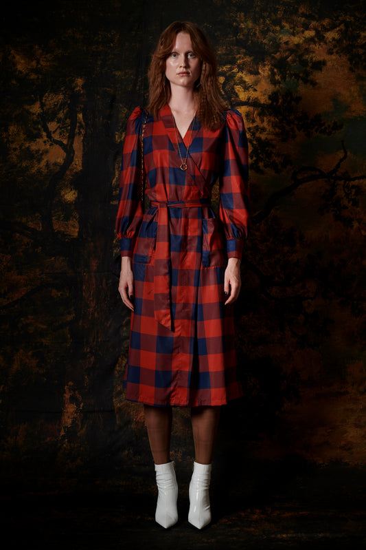 WRAP DRESS GINGHAM COGNAC