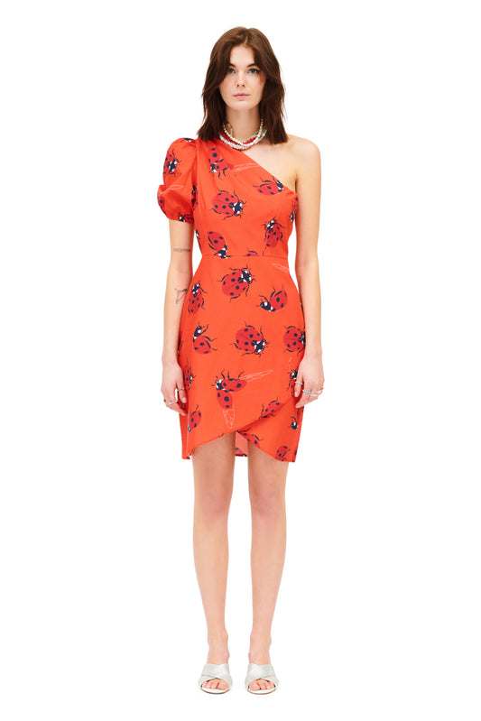 ONE SHOULDER MINI DRESS - LADYBUGS