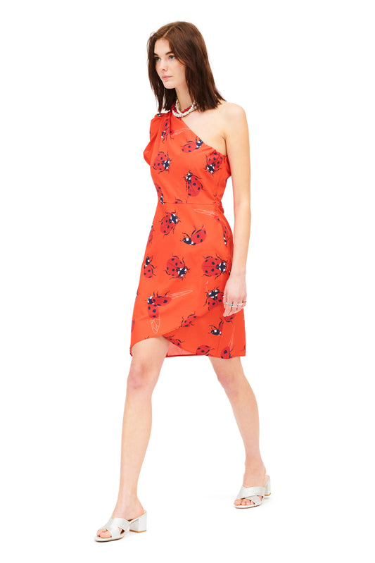 ONE SHOULDER MINI DRESS - LADYBUGS