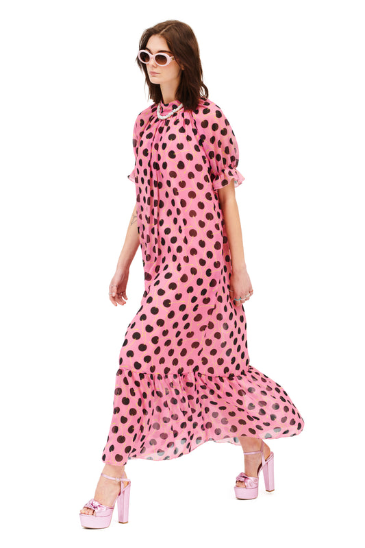 ROMANTIC MAXI DRESS - POLKA CHERRIES PINK