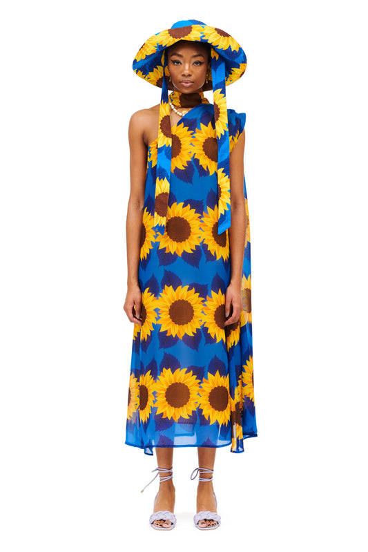 HALTERNECK ONE-SHOULDER MIDI DRESS - SUNFLOWERS