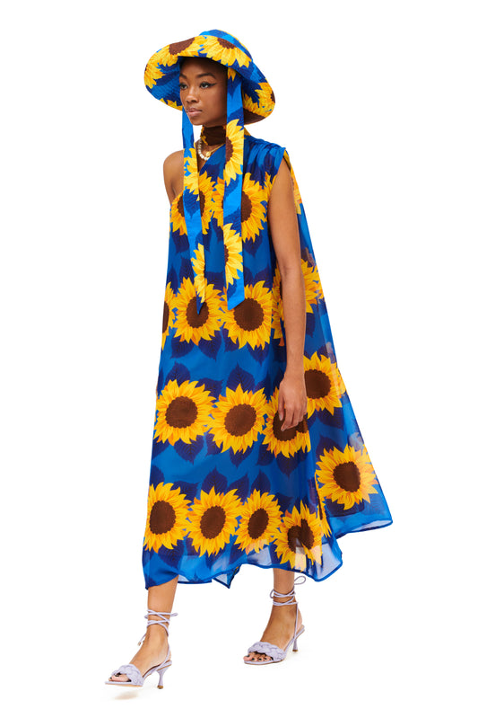 HALTERNECK ONE-SHOULDER MIDI DRESS - SUNFLOWERS