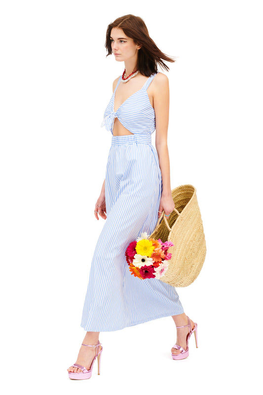 SLEEVELESS FRONT-TIE CUTOUT DRESS - BLUE
