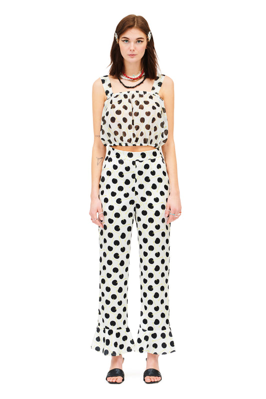 RUFFLED HIGH-WAISTED PANTS - POLKA CHERRIES