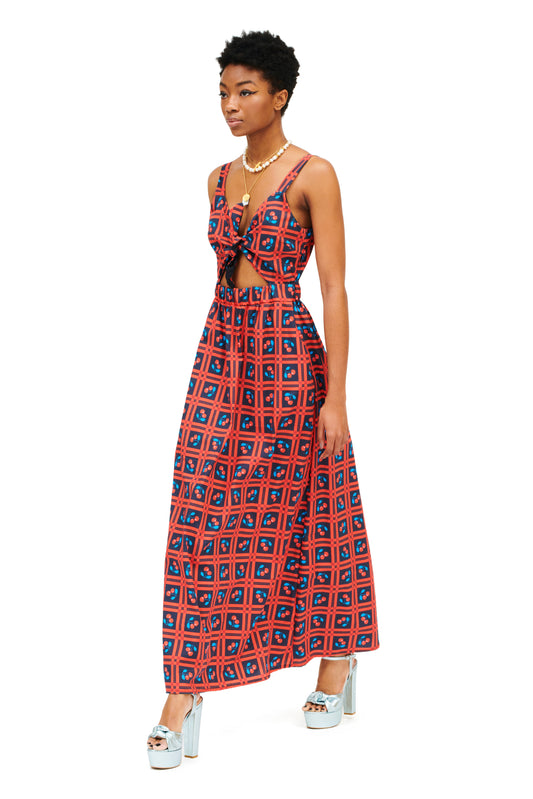 SLEEVELESS FRONT-TIE CUTOUT DRESS - PICNIC BLACK