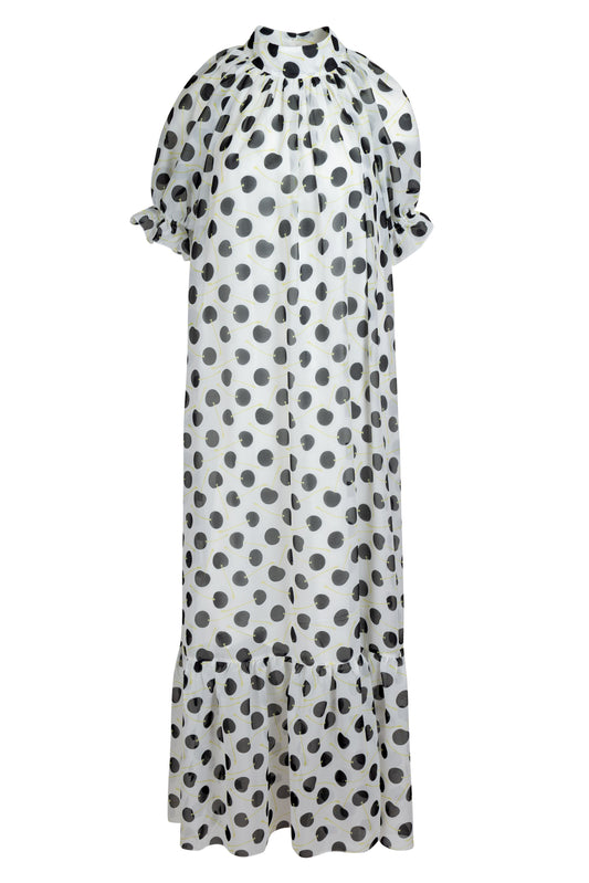 ROMANTIC MAXI DRESS - POLKA CHERRIES WHITE