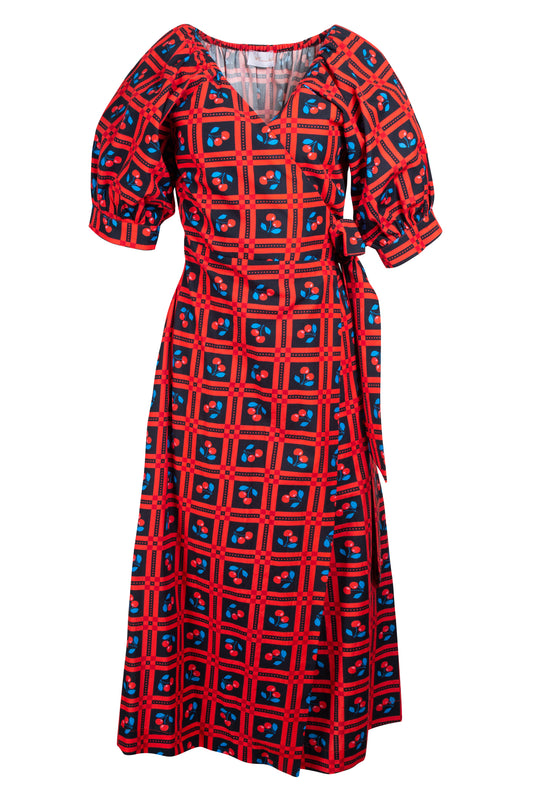 WRAP COTTON MIDI DRESS - PICNIC BLACK