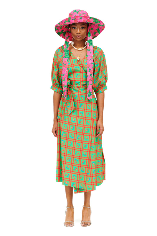 WRAP COTTON MIDI DRESS - PICNIC GREEN