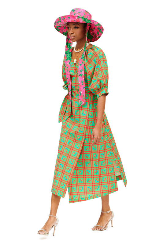 WRAP COTTON MIDI DRESS - PICNIC GREEN
