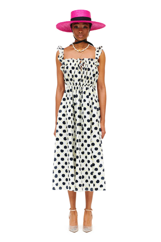 SLEEVELESS MIDI DRESS - POLKA CHERRIES WHITE