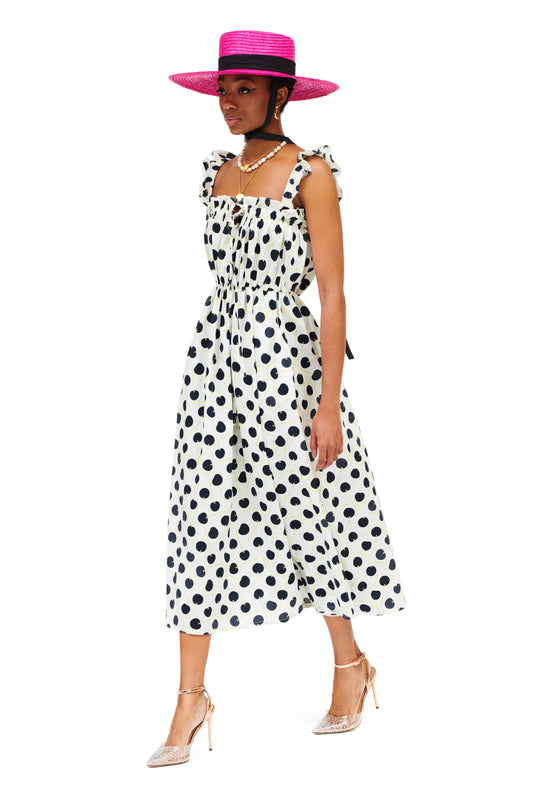 SLEEVELESS MIDI DRESS - POLKA CHERRIES WHITE