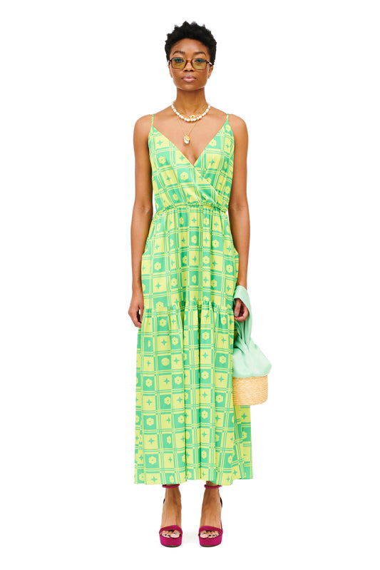 WRAP TIERED MAXI DRESS - TENEKES GREEN