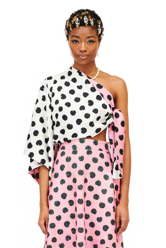 DOUBLE-FACED ONE-SHOULDER TOP - POLKA CHERRIES