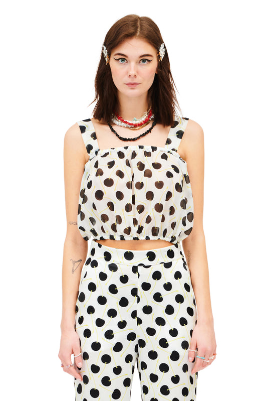 CHIFFON CROP TOP - POLKA CHERRIES WHITE