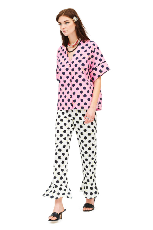 V-NECK SHIRT - POLKA CHERRIES PINK